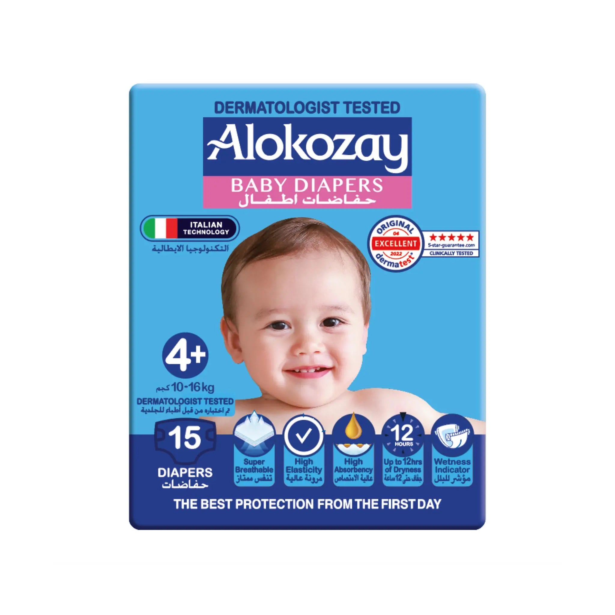 Alokozay Baby Diapers - Size 4+ (10-16 Kg) - 15 Diapers Marino.AE
