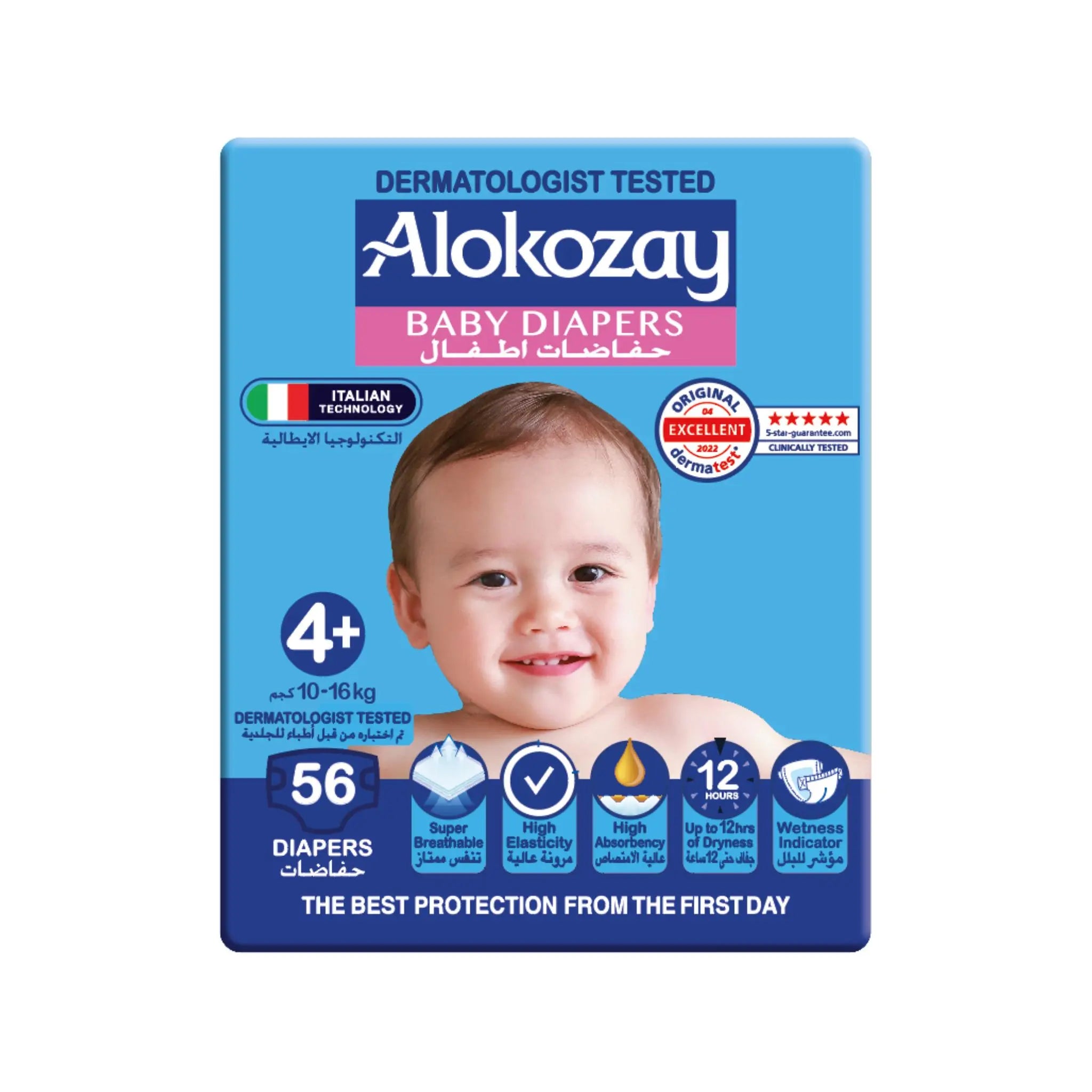 Alokozay Baby Diapers - Size 4+ (10-16 Kg) - 56 Diapers Marino.AE