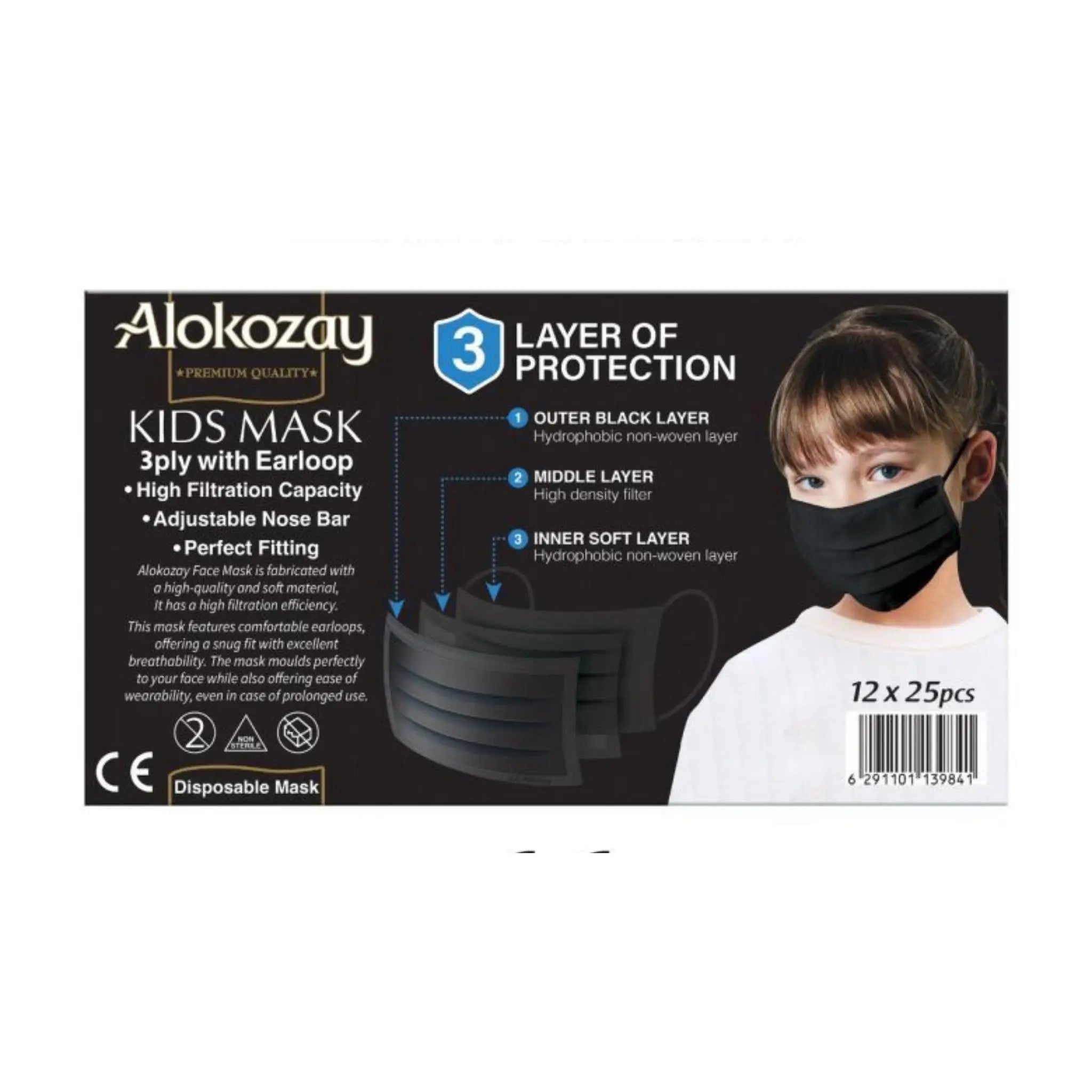 Alokozay Kids Face Mask Black Colour - (3 ply x 25 pcs) Pack Of 12 Marino.AE