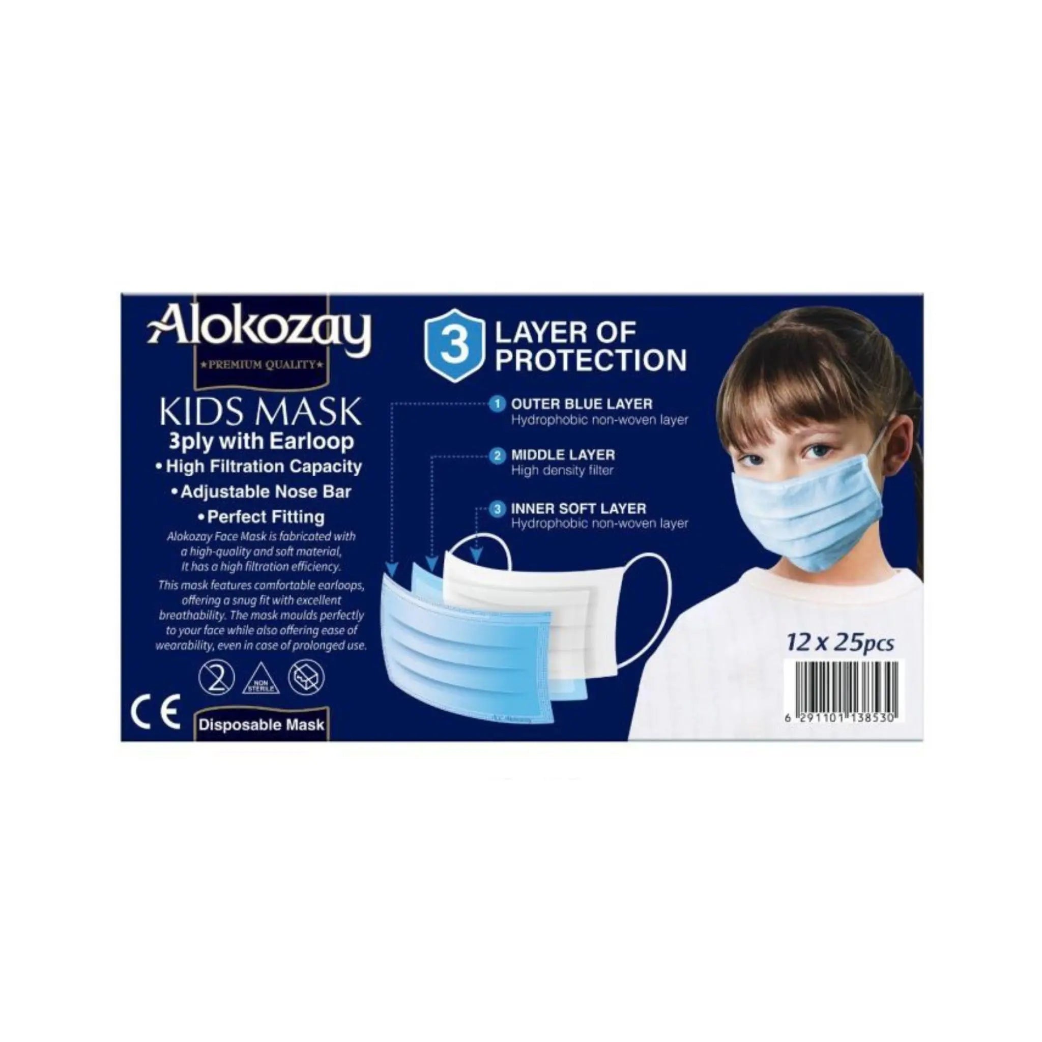 Alokozay Kids Face Mask Blue Colour - (3 ply x 25 pcs) Pack Of 12 Marino.AE