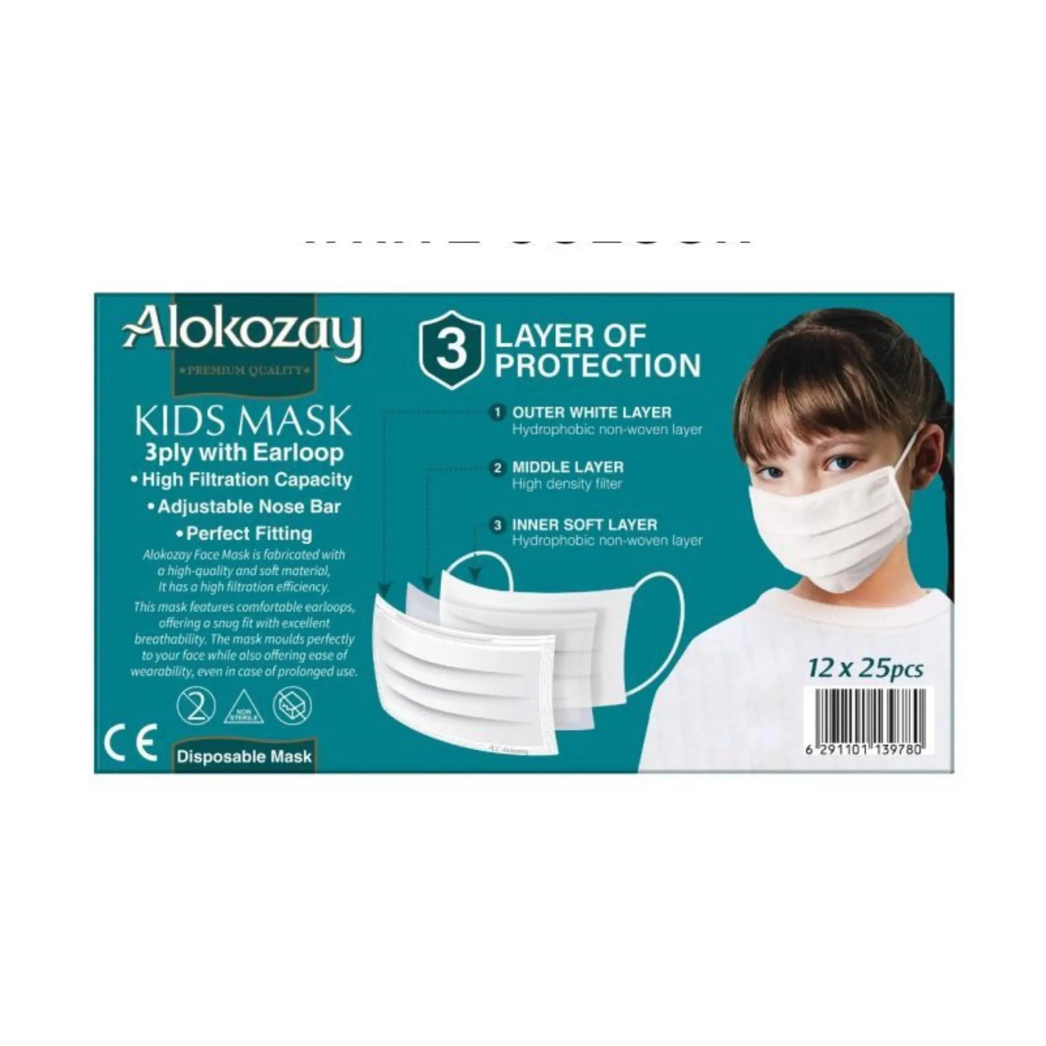 Alokozay Kids Face Mask White Colour - (3 ply x 25 pcs) Pack Of 12 Marino.AE