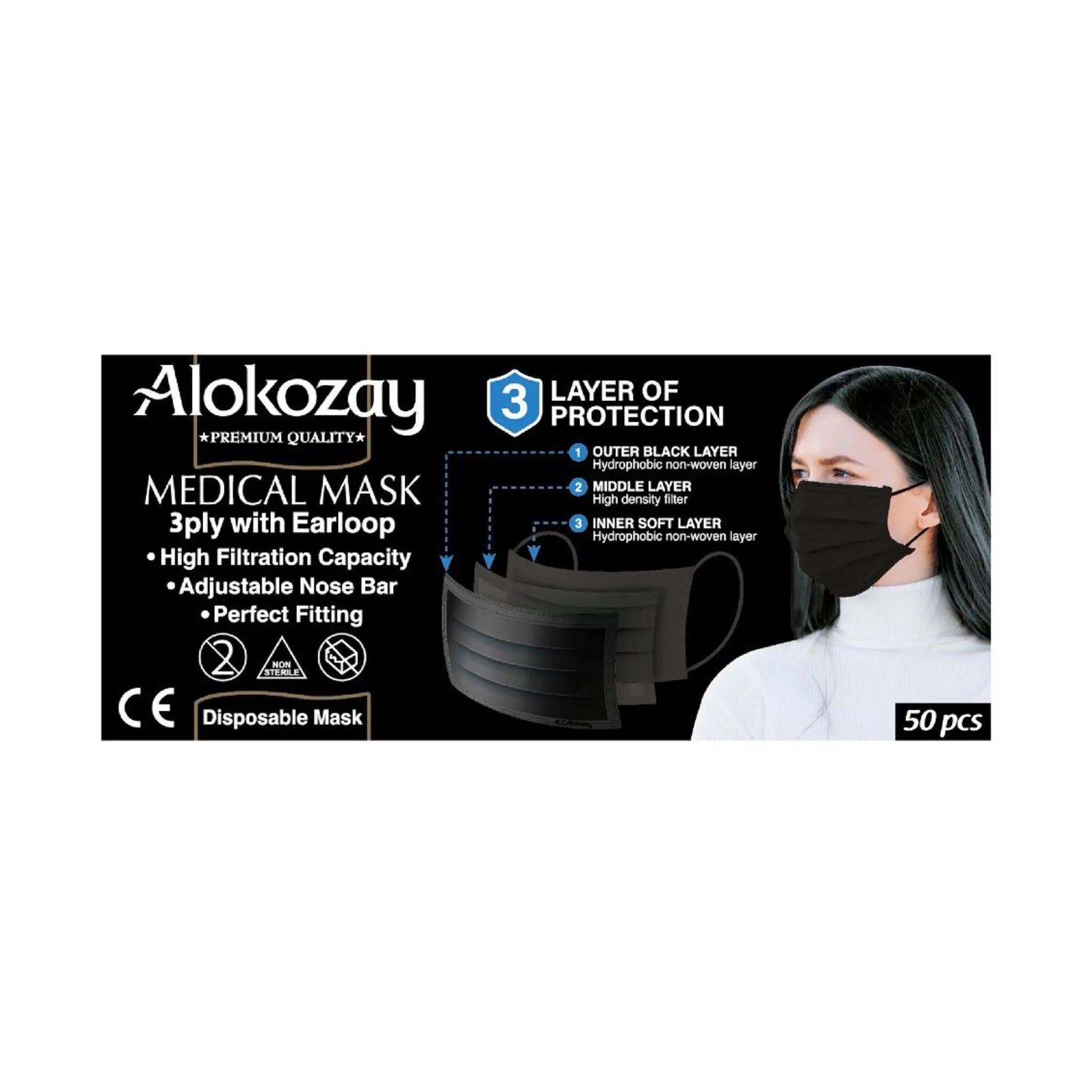 Alokozay Medical Face Mask Black Colour - (3 ply x 50 pcs) Pack Of 12 Marino.AE