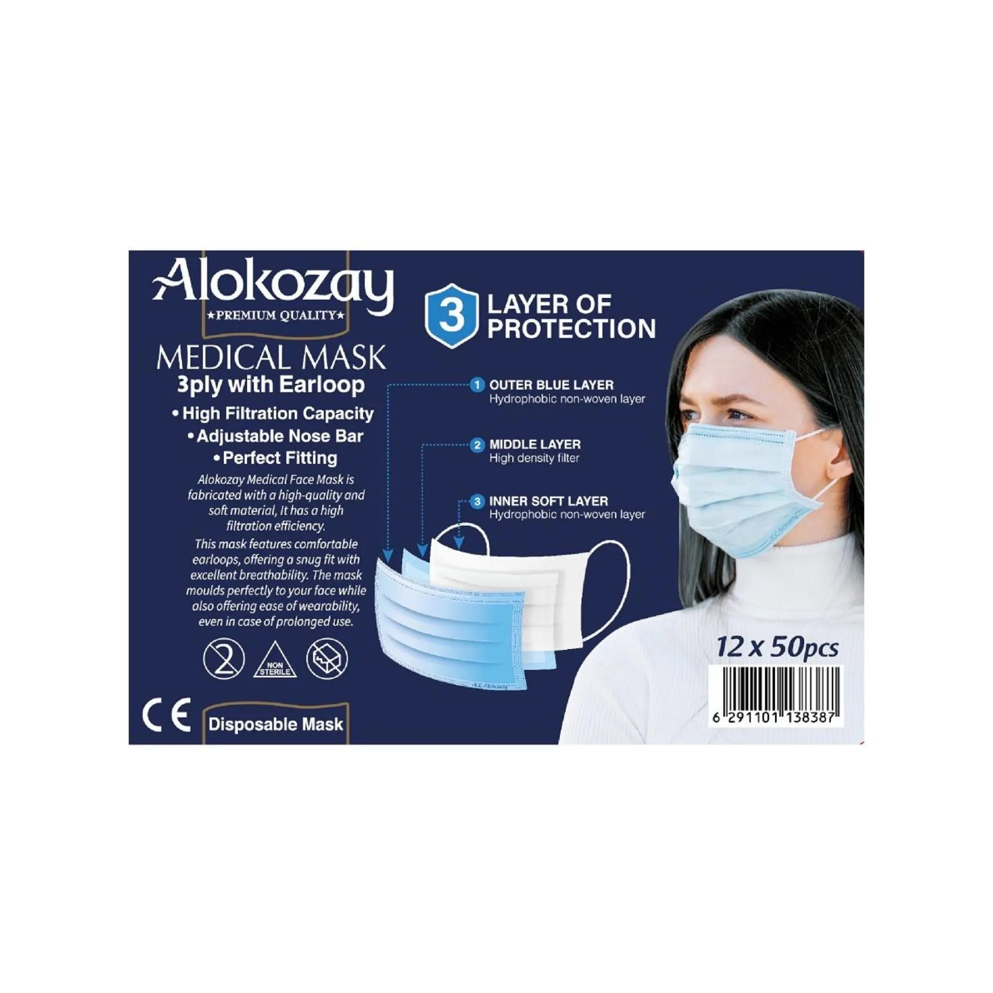 Alokozay Medical Face Mask Blue Colour - (3 ply x 50 pcs) Pack Of 12 Marino.AE