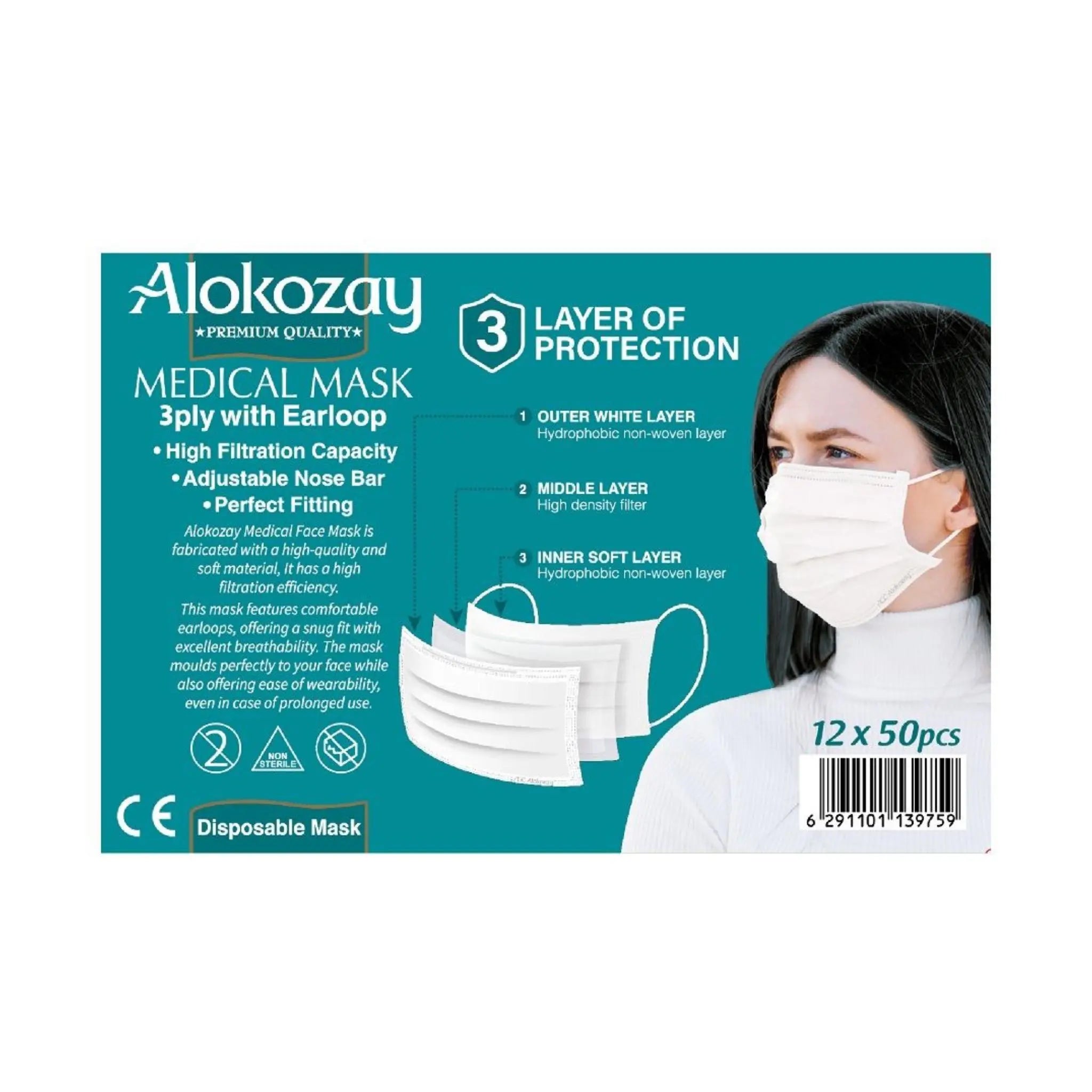 Alokozay Medical Face Mask White Colour - (3 ply x 50 pcs) Pack Of 12 Marino.AE