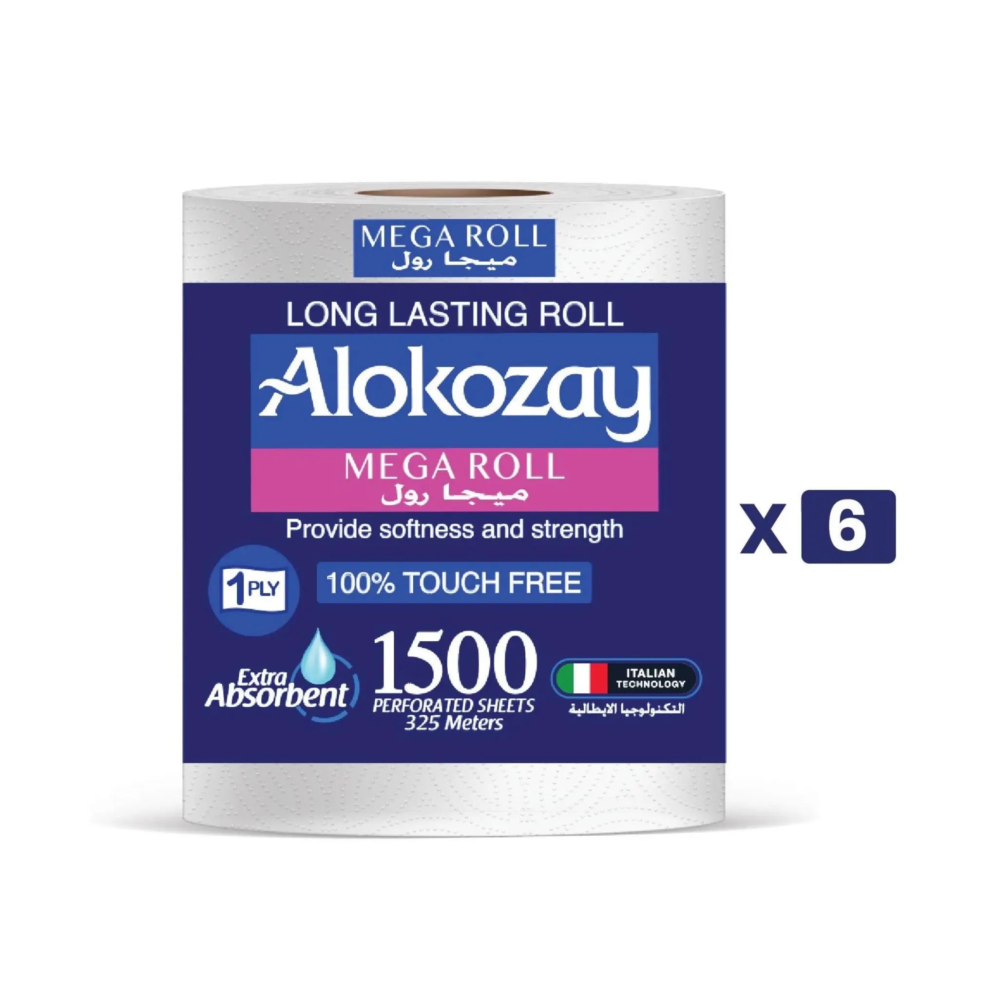 Alokozay Mega Roll Long Lasting - (1 ply x 1500 Sheets) 6 packs per carton Marino.AE
