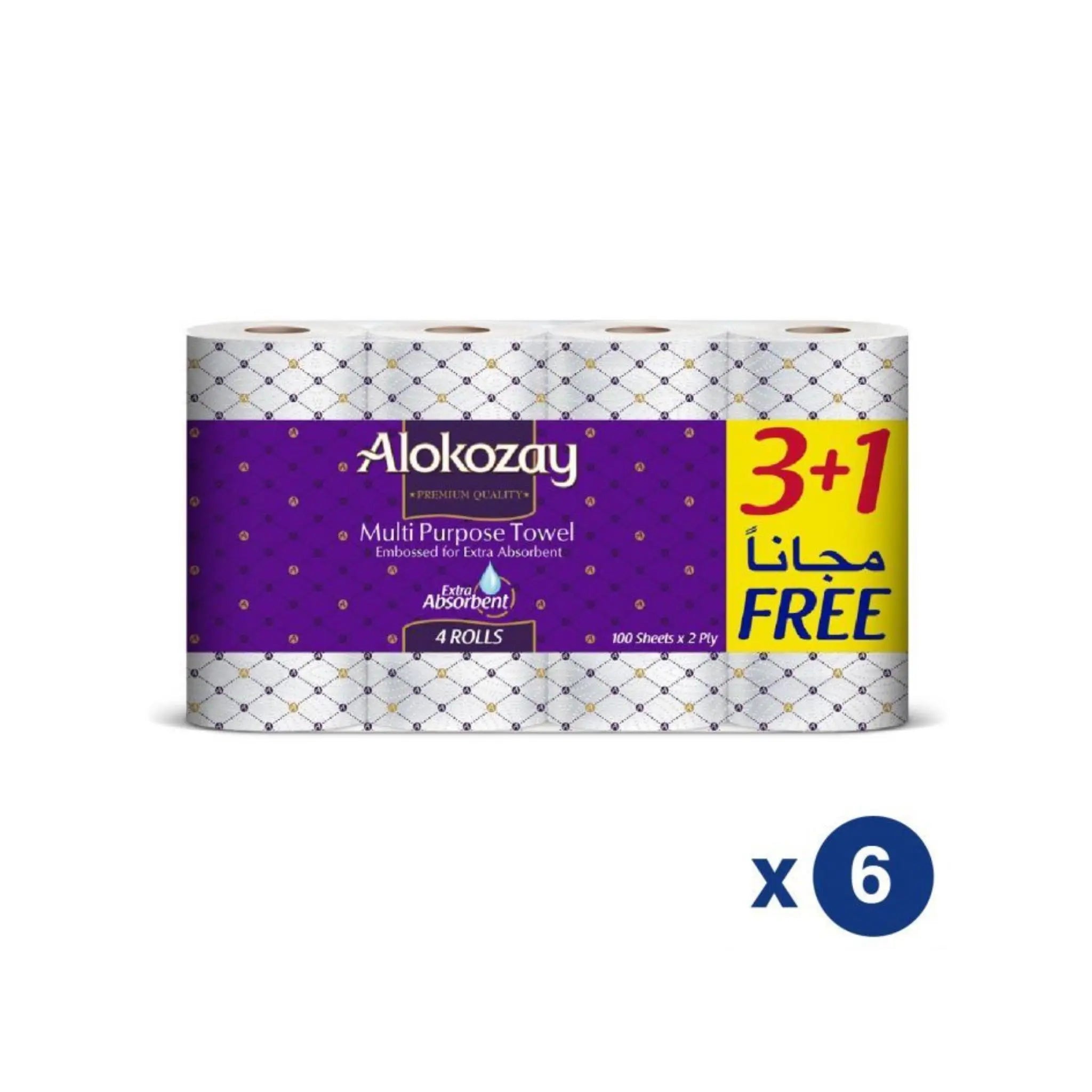 Alokozay Multi-Purpose Towel - (3 + 1 Rolls x 2 Ply x 100 Sheets) 6 packs per carton Marino.AE
