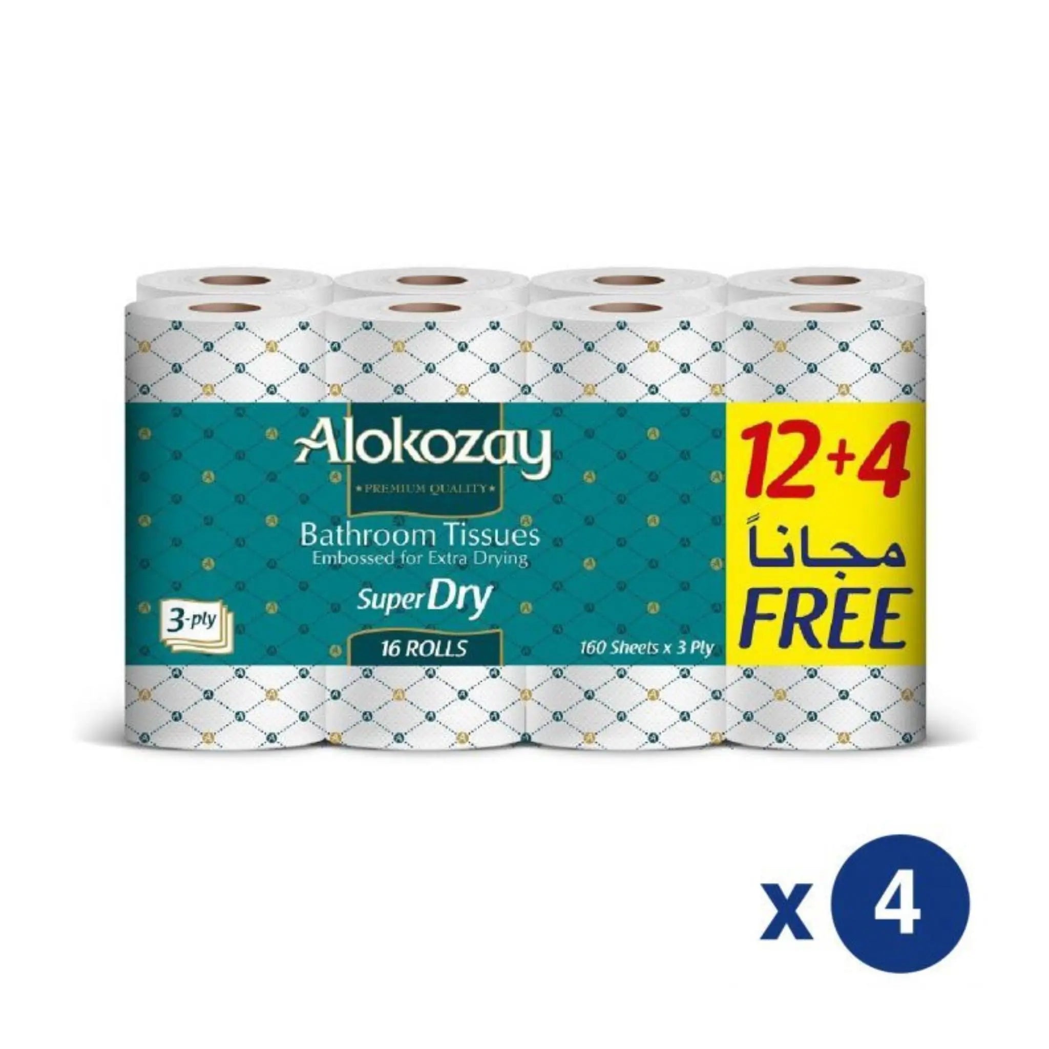 Alokozay Super Dry Bathroom Tissue - (12 + 4 Rolls x 3 ply x 160 Sheets) 4 packs per carton Marino.AE