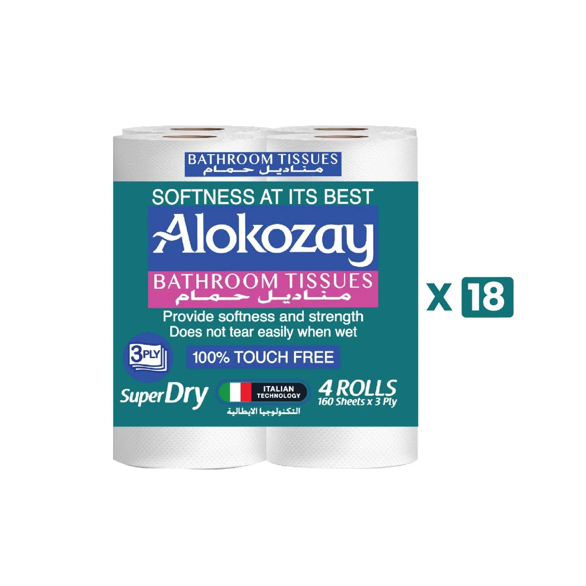 Alokozay Super Dry Bathroom Tissue - (4 Rolls x 3 ply x 160 Sheets) 18 packs per carton Marino.AE
