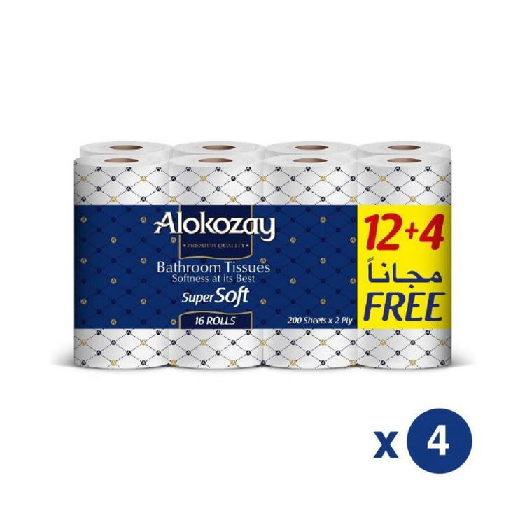 Alokozay Super Soft Bathroom Tissue - (12 + 4 Rolls x 2 ply x 200 Sheets) 4 packs per carton Marino.AE