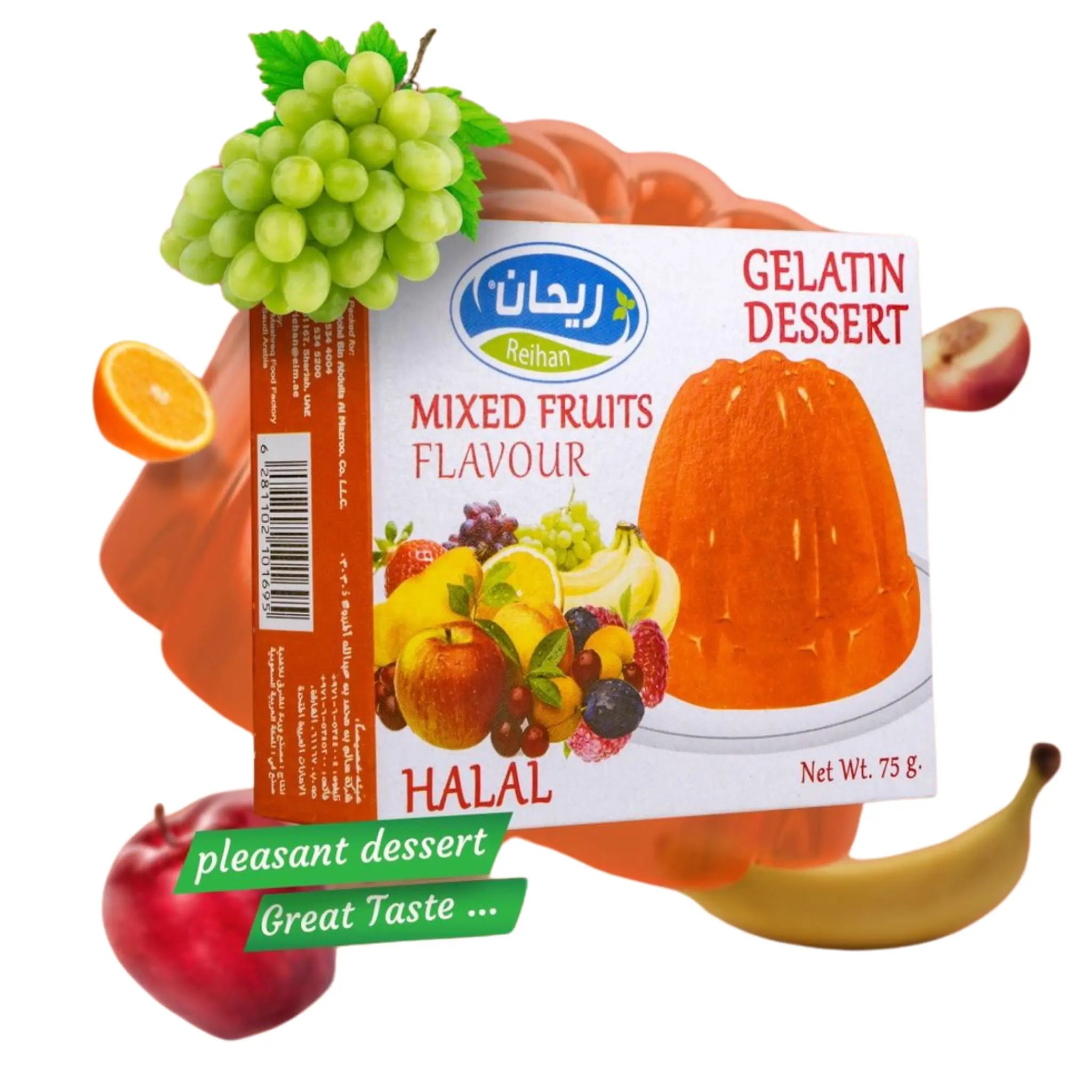 REIHAN GELATIN DESSERT MIXED FRUITS FLAVOUR [JELLY] 75G - Pack of 36 Marino.AE